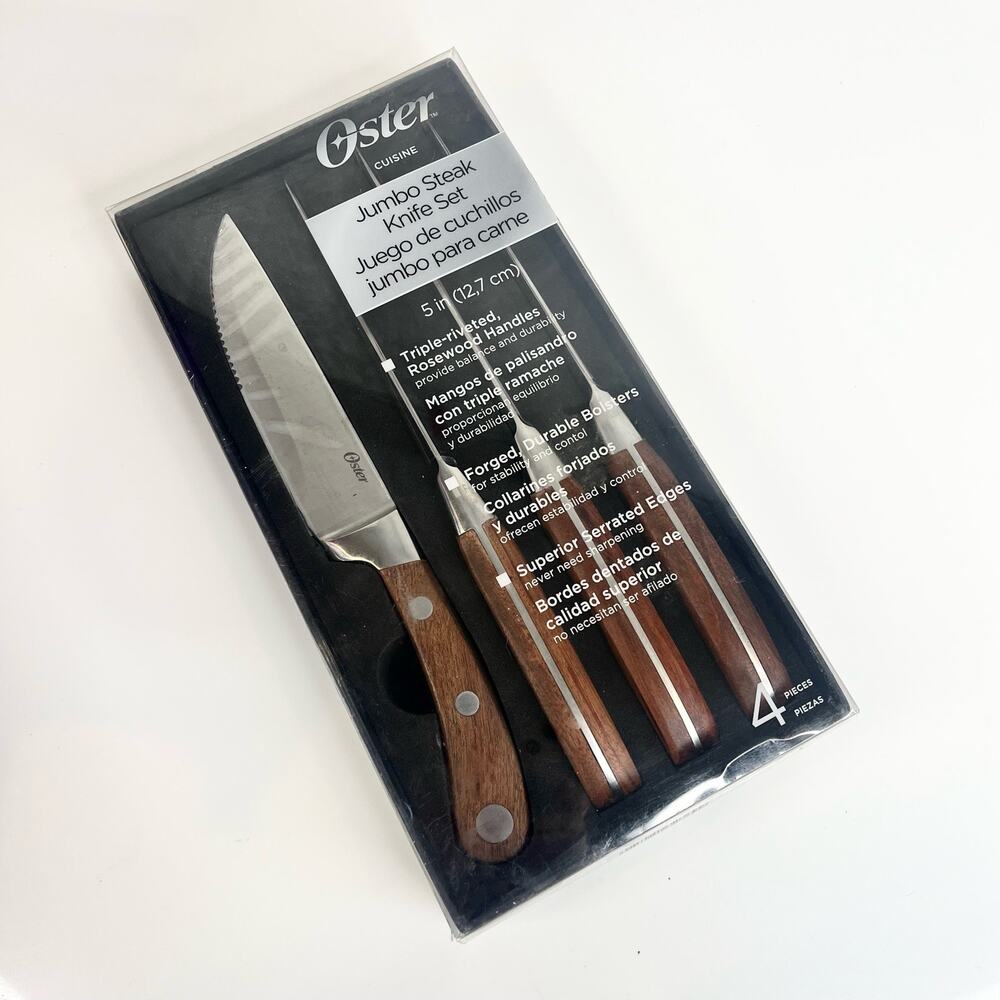 NEW Oster Jumbo STEAK KNIFE 5" Stainless Triple Riveted Rosewood Handles Set (4)
